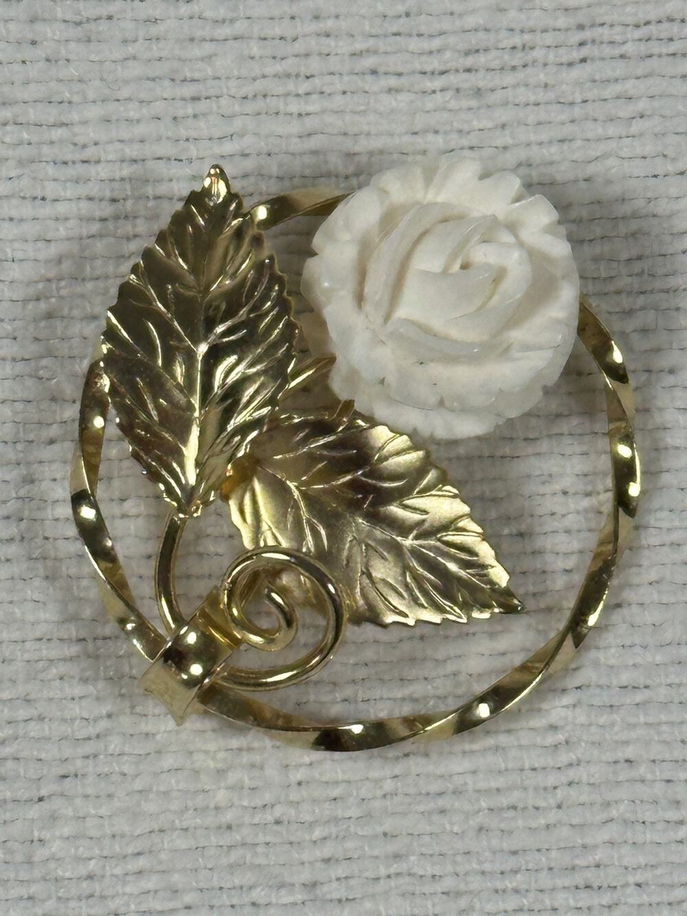 Vintage K.L. 12kt Gold Filled Celluloid White Rose Flower Leaf Brooch Pin